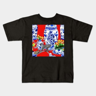 Monkey and chinoiserie jars on red Kids T-Shirt